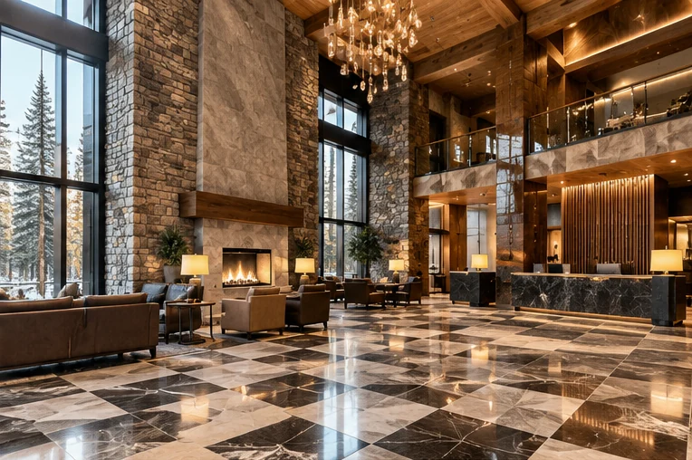 AI-generated concept of elegant hotel lobby with stone flooring