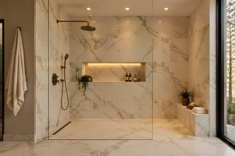AI-generated concept of light stone tiled walk-in shower