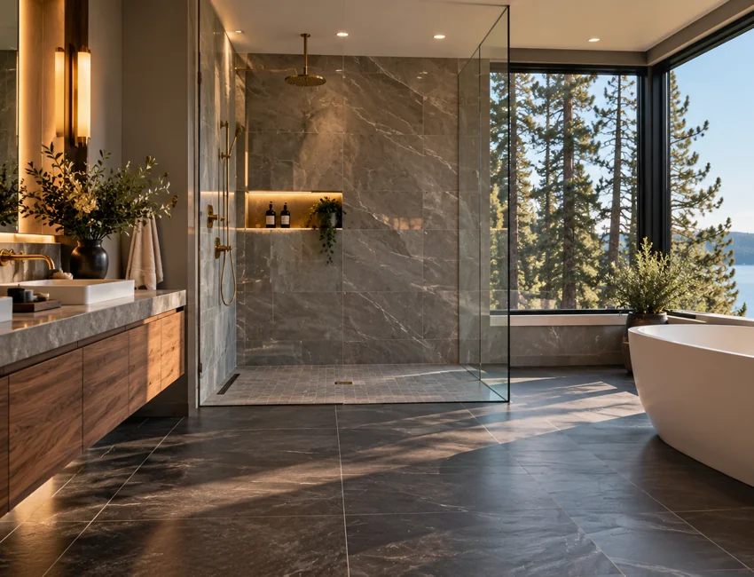AI-generated close-up illustrating contemporary shower tile design